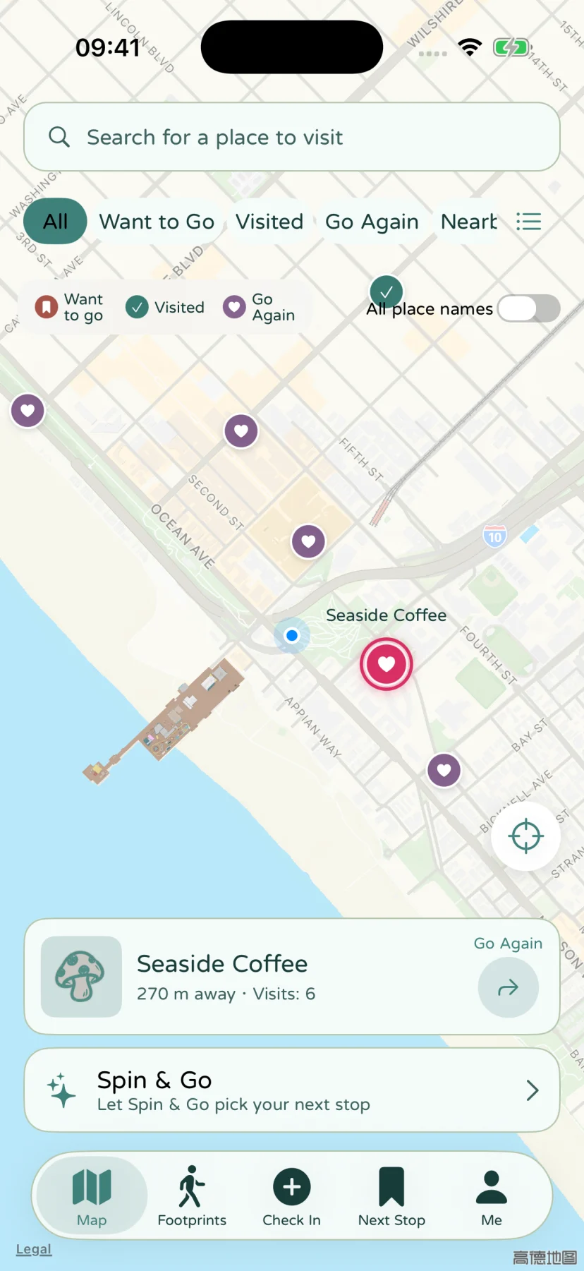 A coastal map with fictional saved places