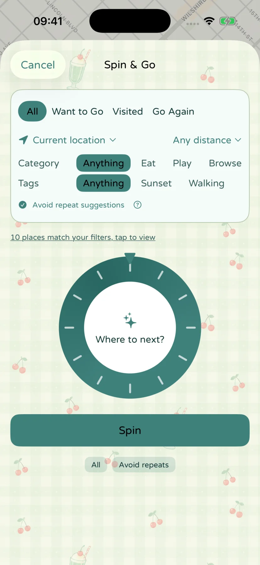 The English Spin & Go screen with status, distance, category and tag filters, using fictional places